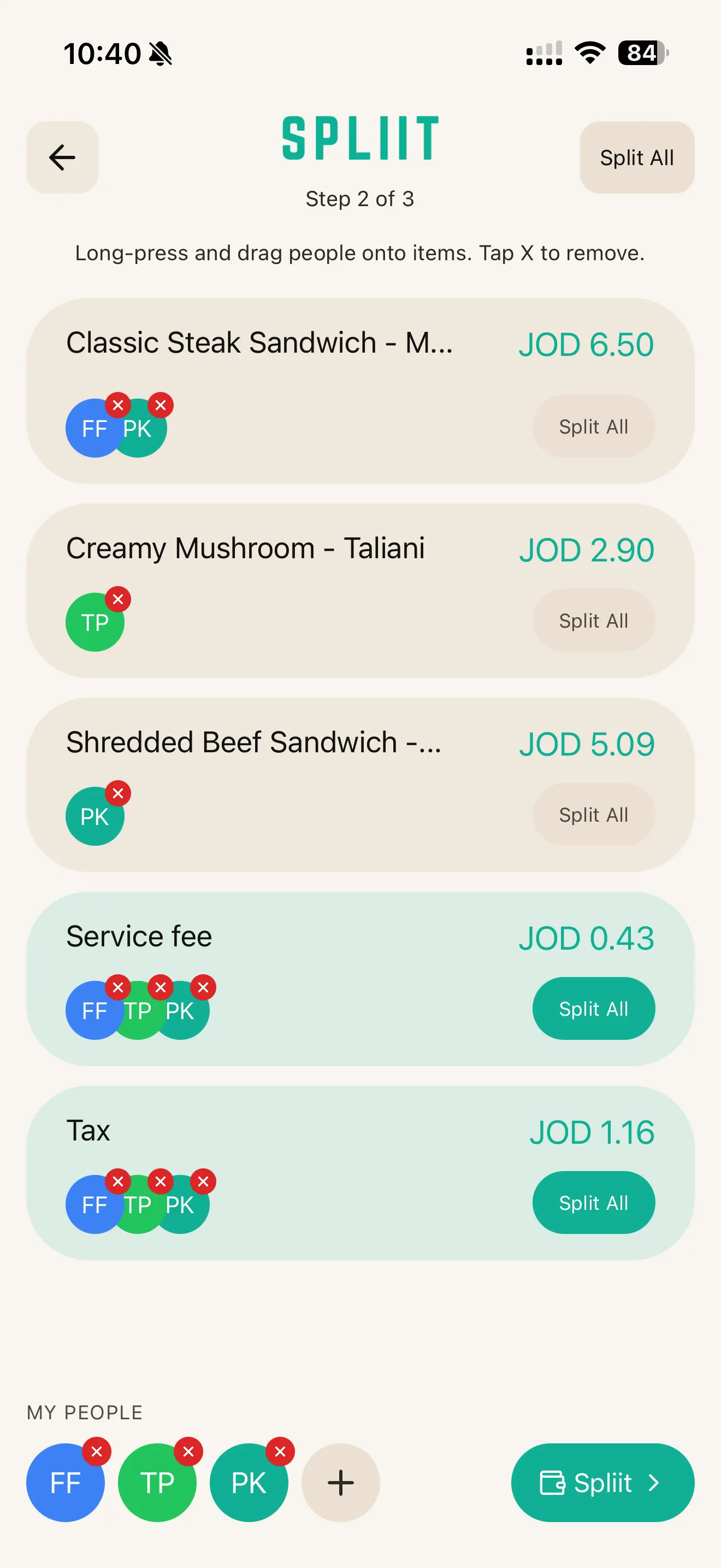 Dragging people onto receipt items in SPLIIT Pro